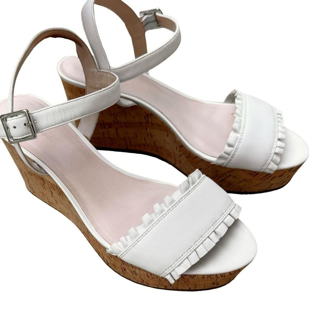 Kate Spade White Leather Cork Platform Ruffle Sandals Ankle Strap - US 10